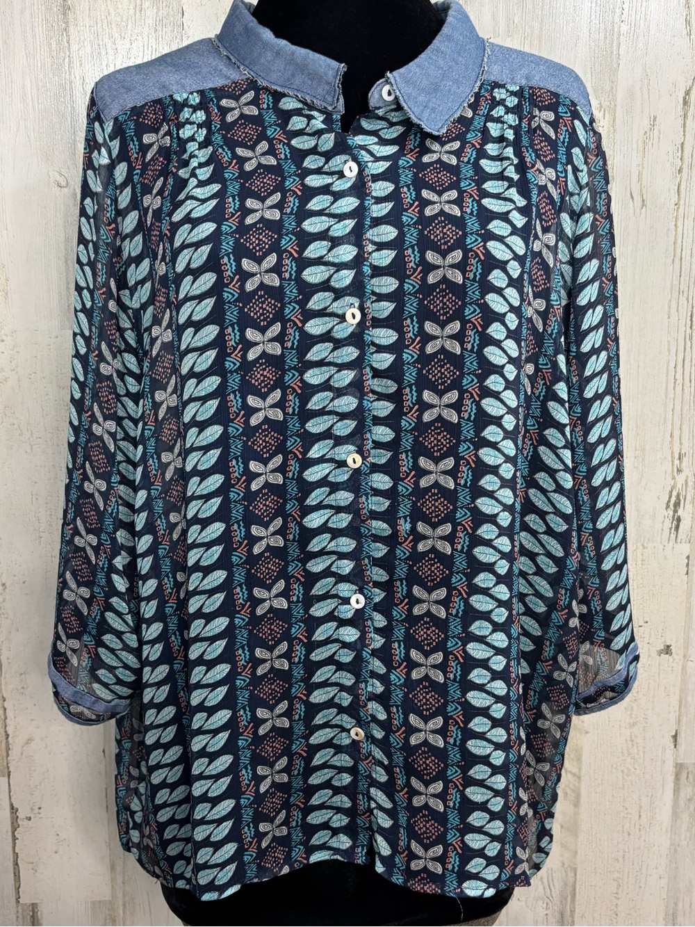 Hyku Navy & Aqua Boho Patterned Button-Up Top with Denim Collar